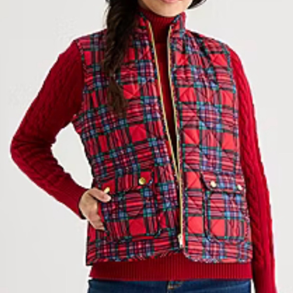 St. John's Bay women's midweight quilted puffer vest. Red tartan plaid.Camp Hike